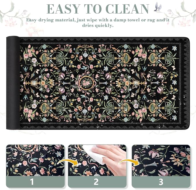 iCasso Large Desk Mat Black,Big Mouse Pad with Stitched Edges,Aesthetic Computer Pad for Desktop,Anti-Slip Keyboard Mat for Women,Floral Desk Cover Protector Work from Office Home Dorm