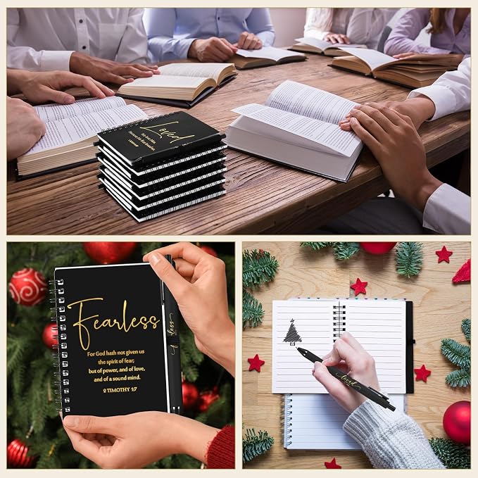 Kosiz 12 Sets Christian Gifts Bulk Christian Notebooks with Pens Inspirational Prayer Journals Bulk A6 Spiral Small Notepads for Women Men Church Members Bible Study Groups (Black)