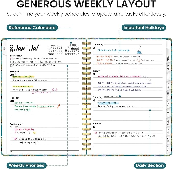 Planner 2026-2027, Academic Year Weekly and Monthly Calender Planner, from Jul 2026 - Jun 2027, Spiral Bound School Planning Book, Perfect for Teacher, Student, Women & Men, A5 (6.3" x 8.5"), Cats in Vine
