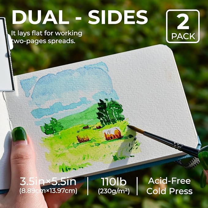 Funto Watercolor Journal, 3.5x5.5, 2 Pack, 24 Sheets Each, Cold-Pressed with Inner Pocket, 110lb/230gsm, Suitable for Techniques and Mixed Media