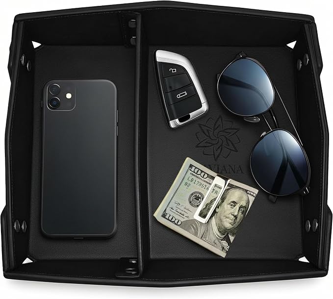 Valet Tray Organizer for Men & Women - PU Leather Catch All Tray with Removable Divider - EDC Storage for Keys, Watch, Phone - Nightstand, Dresser & Desk Organizer - Obsidian Black