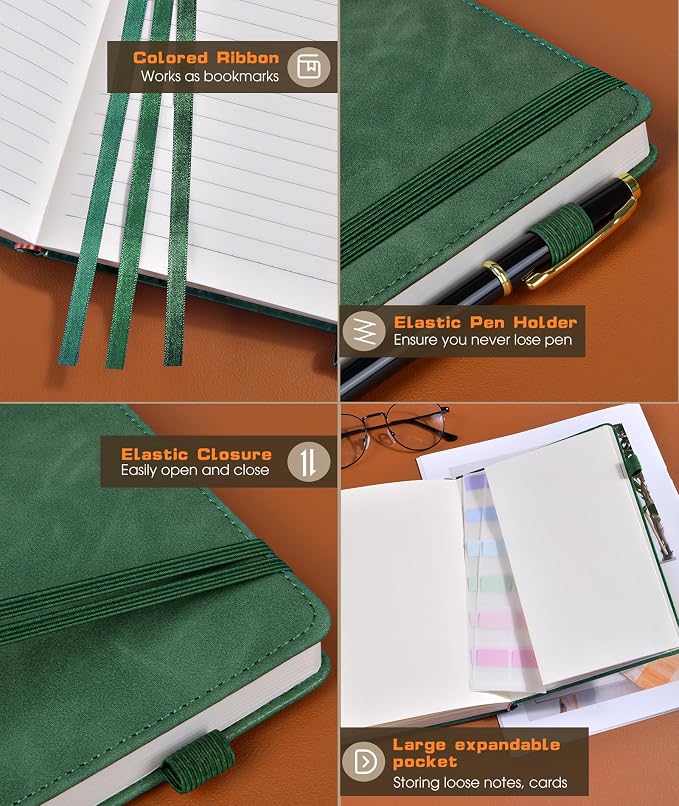 dilitego Lined Journal Notebook for Women Men, 256 Numbered Pages Hardcover Leather Journals for Writing, A5 Journaling Notebooks, College Ruled Journal for Business Work School 5.75" x 8.38" Green