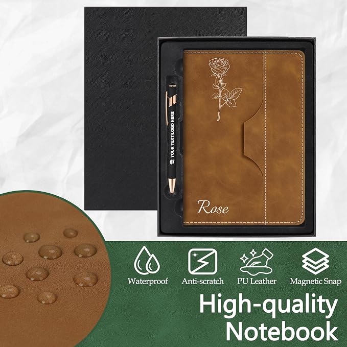 ENOMY Personalized A5 Notebook Writing Set Custom Notebook PU Leather Personalized Journal with Stylus Pen & Gift Box for College Holiday Travel Business Gift, Brown
