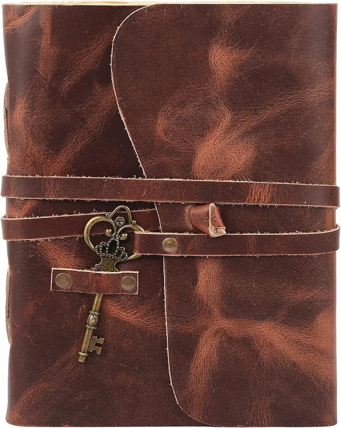 Leather Journal with Deckle Edge Paper 8x6 inch and Vintage Key | Handmade Writing Notebook Diary | Bound Daily Notepad for Men & Women Medium, Sketch/Writing pad for Artists