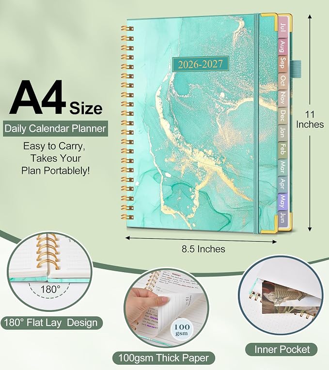 Academic Planner 2026-2027, Hardcover Weekly and Monthly Calendar Planner from July 2026 - June 2027, Daily Agenda Planners with Tabs, College School Organizer for Student Teacher, A4 (8.5" x 11"), Teal Marble