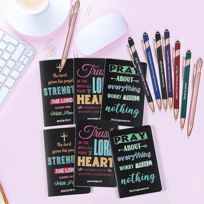 Funrous 32 Pcs Motivational Quote Pens Inspirational Notepads Mini Journal with Ballpoint Pen Small Notebooks Gift for Men Women Coworker Adult Party Favors Prize Teacher Student Office(Prayer)