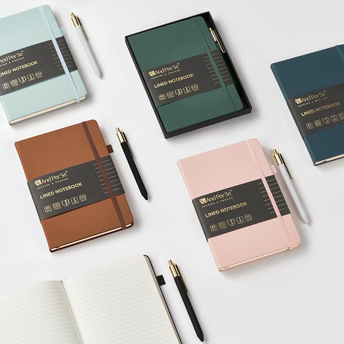 &And Per Se Lined Journal with Pen Set, A5 Leather Hardcover Notebook and Pen, 160 Pages 100GSM Thick Ruled Paper Journal for Writing (Cyan)