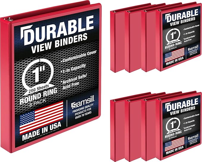 Samsill Durable 1 Inch Binder, Round Ring Customizable Clear View Binder, Red, 8 Pack (MP88433)