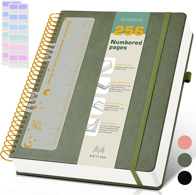 A4 Spiral Notebook Journal 8.5” x 11”, 256 Numbered Pages Hardcover Leather Journals for Women Men, Large Lined College Ruled Notebooks, 100GSM Thick Paper, Spiral Bound Journal for Work School, Green