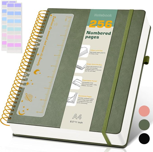 A4 Spiral Notebook Journal 8.5” x 11”, 256 Numbered Pages Hardcover Leather Journals for Women Men, Large Lined College Ruled Notebooks, 100GSM Thick Paper, Spiral Bound Journal for Work School, Green
