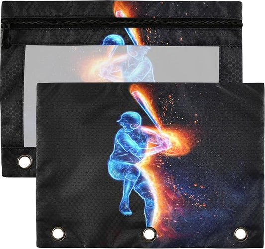 Baseball Player Binder Pouches 3 Ring for Boys Girls School Office College Supplies Softball Sports Theme Black Pencil Pouches Case Bag with Clear Window and Zipper 2 Pack