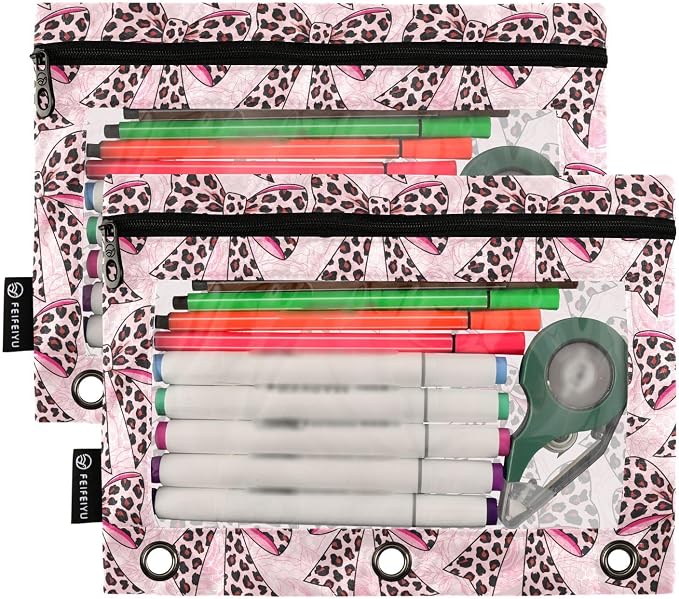 ALAZA Pencil Pouch for 3 Ring Binder, Leopard Print Bows Binder Pencil Pouches with Clear Window Zipper Pencil Case Cosmetic Bags for Office College Supplies, 2PCS