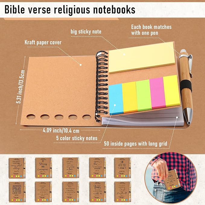 Kosiz 20 Pcs/ 10 Set Christian Gift Bulk Bible Verse Bamboo Pen Spiral Bible Notebook with Notes Religious Basket Stuffers for Back to School Teacher Church Members Coworker (Kraft)