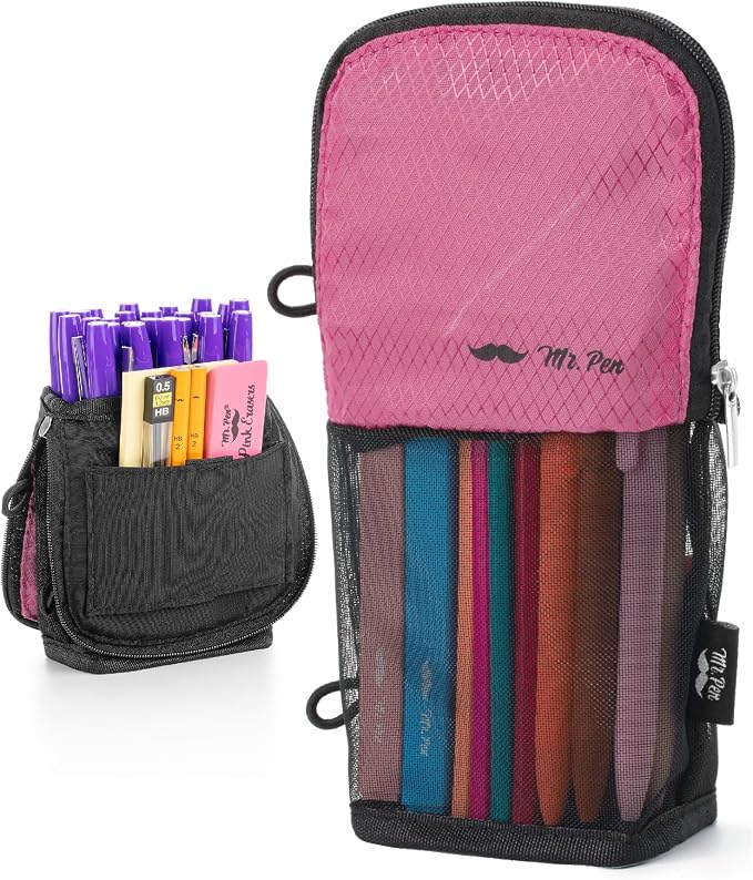 Mr. Pen- Standing Pencil Case Pouch, Sit & Lay Mesh-View Design | Black & Pink, Interior Pocket & 2 Elastic Binder Loops, Cute Pencil Case for Girls and Boys