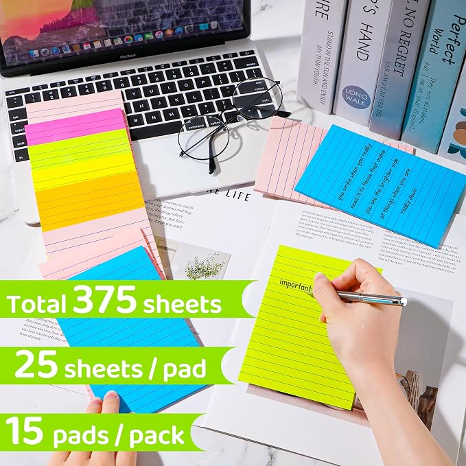 Lined Sticky Notes 4 x 6 Inches, 15 Pads, 375 Sheets Total, 7 Bright Colors, Self-Stick Note Pads with Strong Adhesive, Large Rectangular Sticky Notes for Office, Home, School & Meetings