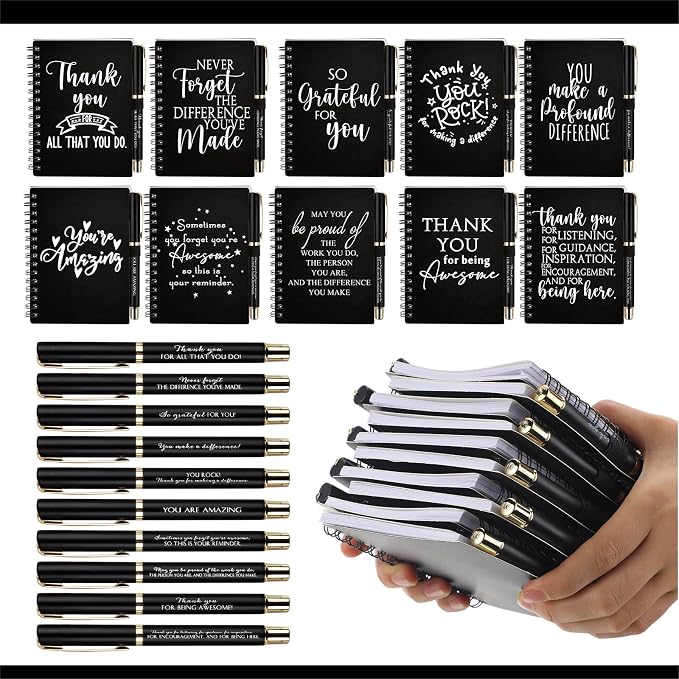 Tellingyou 100 Pcs/ 50 Set Team Appreciation Gifts for Employees Coworker A6 Notebook with Ballpoint Pens Thank You to Do List Notepad for Housekeeping Week Office Staff Teacher Back to School (Black)