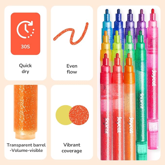JoyCat 12-Color Glitter Markers for Kids, 3mm Paint Pens, High-Capacity Ink | Sparkle markers and glitter pens with 3ml ink and 3mm tips create shimmering art on paper, rocks, wood and glass for kids.