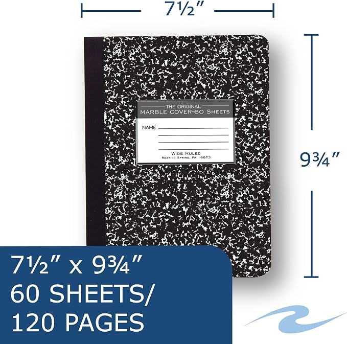 ROARING SPRING Hard Cover Composition Notebook, Black Marble Comp Book, 9.75″ x 7.5″, Wide-Ruled with Margin, 60 Sheets (120 Pages)