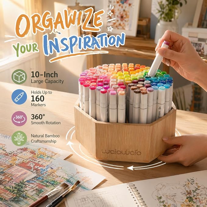walowalo Bamboo Rotating Art Supply Organizer Caddy Holds 800+ Pencils Spinning Crayon 160 Marker Holder Desk Brush Colored Pencil Storage for Office Classroom Organization Stationary (Larger VER)