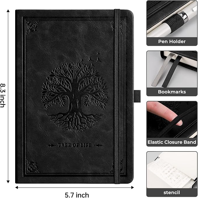 AHGXG Dotted Journal Notebook, 192 Pages, A5 Medium Size (5.7'' x 8.3'') | Leather Hardcover, 100 GSM Thick Paper, for Journaling, Planning, Tracking (Black)