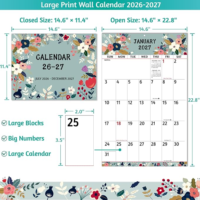 2026-2027 Wall Calendar - Large Print Calendar 2026-2027, 18 Monthly Calendar, Jul. 2026 - Dec. 2027, 14.6 x 22.8 In (Open), with Big Numbers, Large Grid, Notes, Moon Phases, Great for Planning