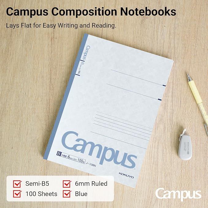 KOKUYO Campus Composition Notebook, 1 Pack B5 Lined Notebooks with 100 Sheets 6mm Ruled Paper, 7 x 10 inch Notebook for School and Work, School Supplies Comp Book for Journal Diary