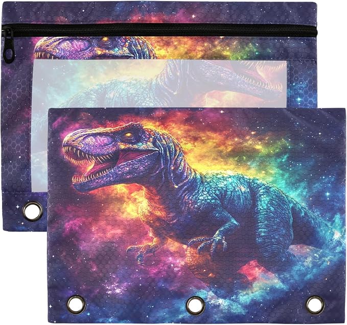 Galaxy Dinosaur T. Rex Binder Pouches 3 Ring for Boys Girls School Office College Supplies Space Dino Stars Tyrannosaurus Rex Nebula Pencil Pouches Case Bag with Clear Window and Zipper 2 Pack