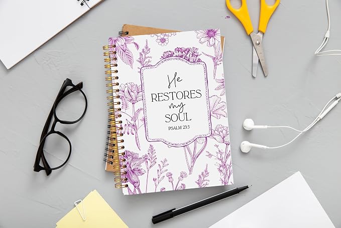 Christian Notebook for Women, Christian Gifts Journal, Prayer Journal for Women, Bible Journaling Notebook, PSALM 23:3 He Restores My Soul Floral Spiral Notebook 5.5x8.3