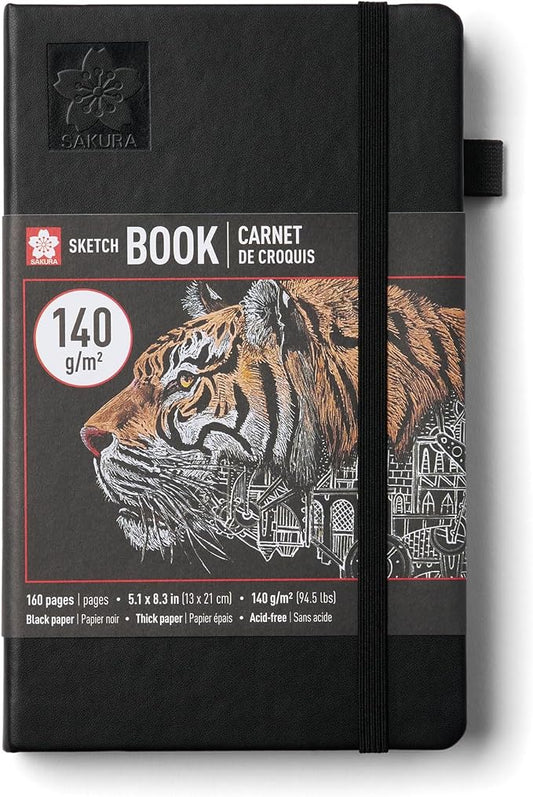 Sakura Sketchbook A5 - Drawing Sketchbook for Visual Journaling, Effortless Sketching & Personal Use - 140 GSM Paper - Hardcover Hardcover - 160 Pages - 5.1 x 8.3" - Black - Black Paper