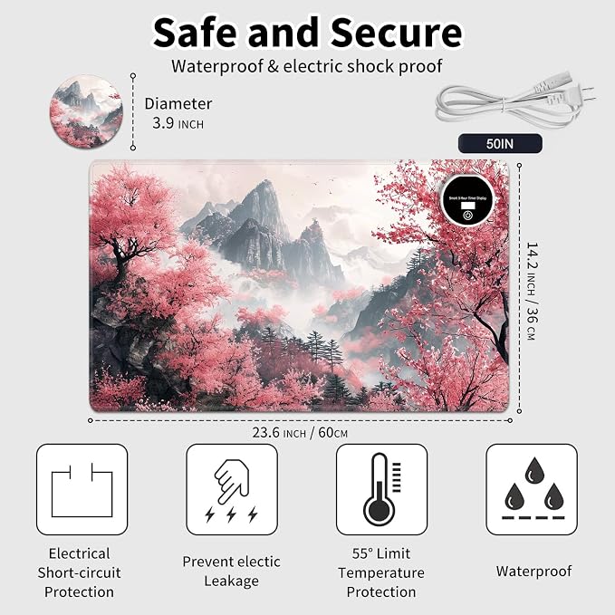 Heated Desk Pad Mouse Pad,Heated Desk Mat,with 3 Heating Levels & 3 Hours Auto Shut-Off,Leather 23.6"*14.2" Gaming Mouse Laptop Mat,Foot Warmer,Watercolor Tree Mountain