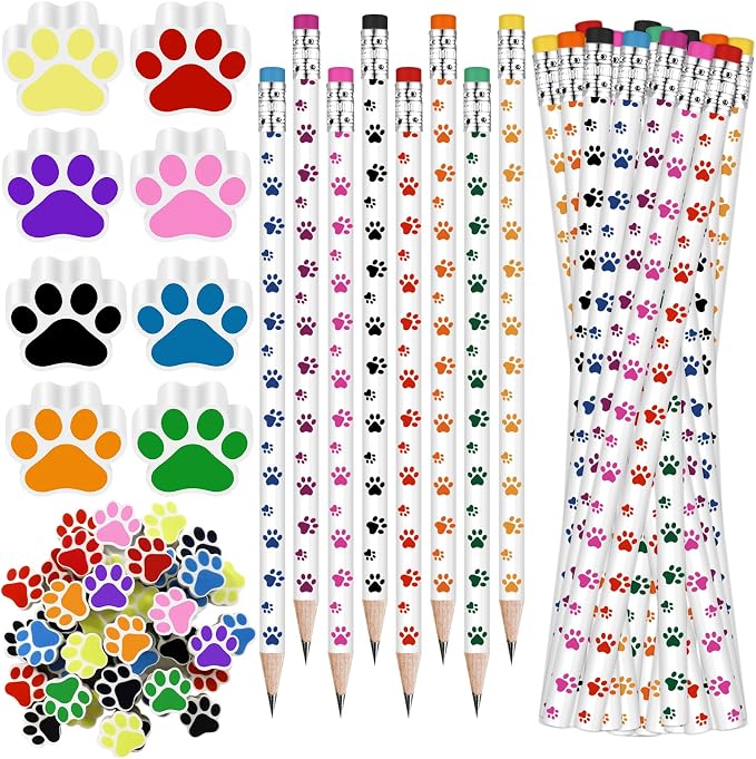 Weecent 48 Pcs Paw Print Pencil Eraser Sets Colorful Wooden Pencils with Paw Eraser for Kids Dog Themed Birthday Party Favors Welcome Back to School Favors Office Supplies