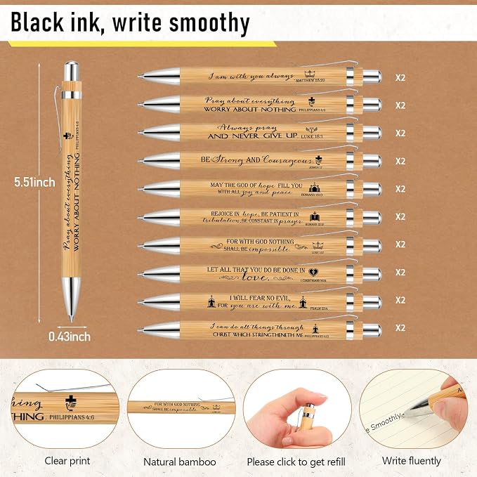Kosiz 40 Pcs/20 Set Christian Gift Bulk Bible Verse Bamboo Pen Spiral Bible Notebook with Notes Religious Basket Stuffers for Back to School Teacher Church Members Coworker (Kraft)