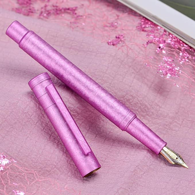 Hongdian 1851 Forest Fountain Pen Pink Ice Flowers, Blade Nib Classic Design Calligraphy Pen with Converter and Metal Pen Case