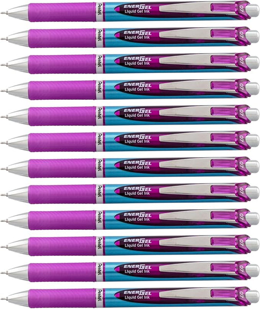 Pentel EnerGel Deluxe RTX Retractable Liquid Gel Pen, Medium Line, Needle Tip, Violet Ink, Box of 12 (BLN77-V)