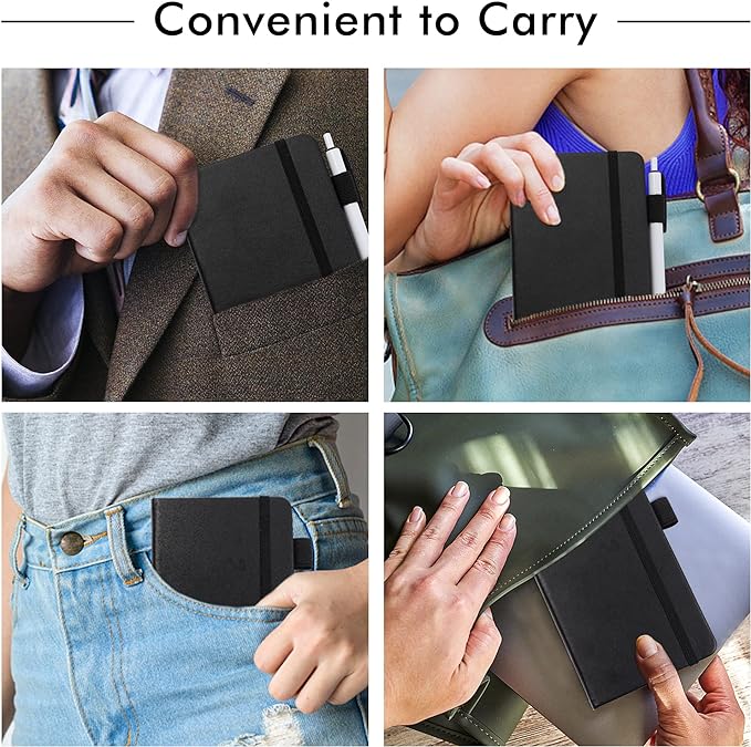 feela 6 Pack Pocket Mini Notebooks Bulk, Small Cute Memo Notepads Hardcover College Ruled Lined Journals with Pen Holder for School Business Work, with 6 Black Pens, 3.5”x 5.5”, A6, Black