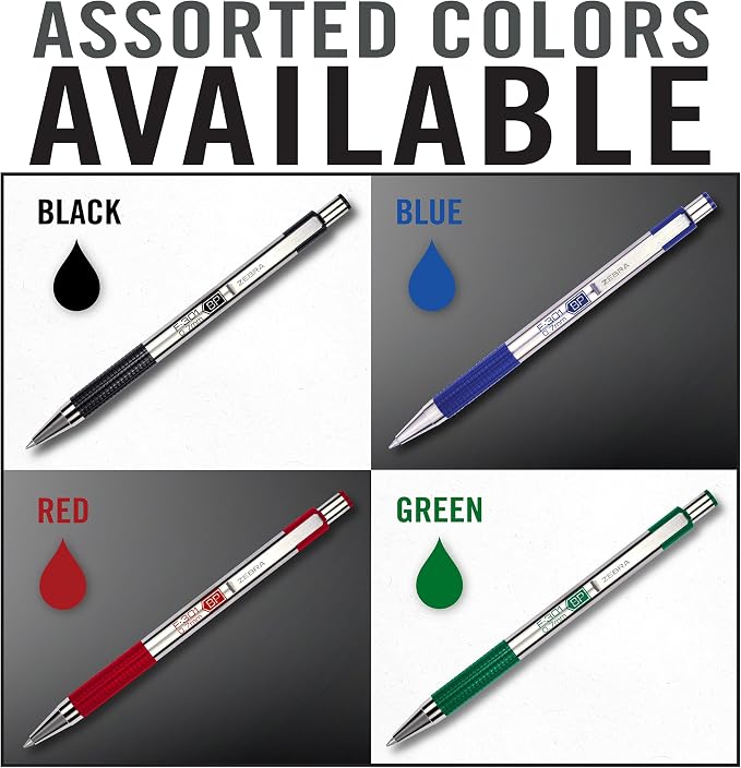 Zebra Pen F-301 Ballpoint Black, Blue, Red and Green Ink, Fine Point 0.7mm Pen, Easy-Glide Ink, Stainless Steel Retractable, Non-Slip Grip, Professional Design, Ideal for Office, 4-Pack (27174)