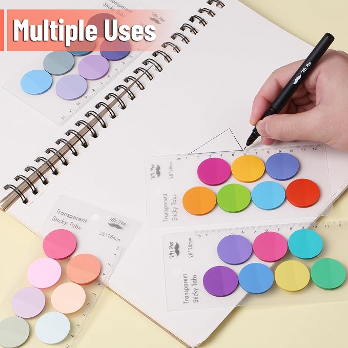 Mr. Pen- Round Transparent Sticky Notes, 1.1” Diameter, 28 Pads | 1120 Sheets, Colorful, Water-Resistant See-Through Sticky Notes Bulk & Fineliner, Smooth Writing