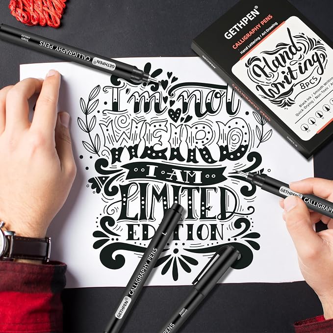 GETHPEN Calligraphy Brush Pen Set, Black Archival Ink for Hand Lettering | 8 Size Calligraphy Markers, Black Archival Ink, for Beginners, Hand Lettering, Sketching, Scrapbooking, Art Writing Supplies
