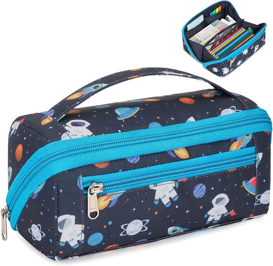 Large Pencil Case for Boys - Aesthetic Pencil Pouch for School | Kids Pencil Case & Wide Handle, Water Resistent Organizer Box, Fits 50 Pens & Markers, Daily Use, Dark Blue Space Astronaut