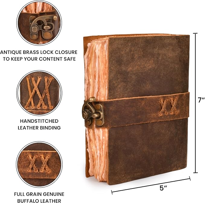 LEATHER VILLAGE Leather Bound Vintage Journal for Women & Men - Book of Shadows - Lock Closure - 200 Pages of Antique Deckle Edges Handmade Watercolor Paper - Rustic Brown - 7X5 inches