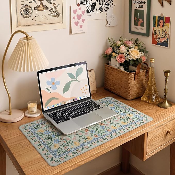 iCasso Green Aesthetic Flower Mouse pad for Laptop, Desk Pad Mat, Desk Matt for Desktop 13.7"x23.6", Anti-Slip Mousepad with Stitched Edges for Laptop Computer Keyboard(Green Floral)