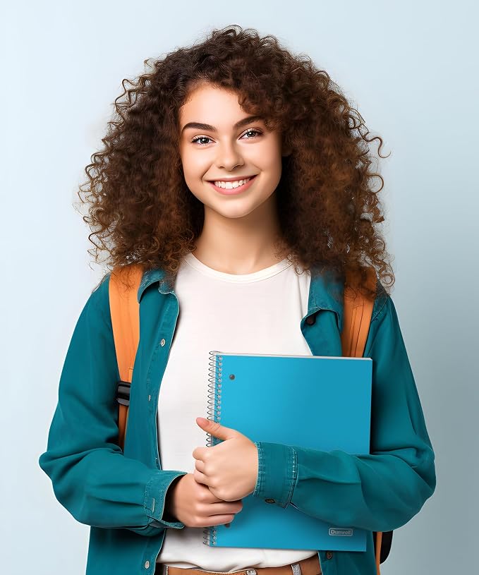 Dunwell 1-Subject Notebook College Ruled, (Blue) 100 Sheets (200 Pages), Perforated Paper, 3 Hole Punched, Spiral Notebook 8.5 x 11, Protective Plastic Cover, Divider with Pockets