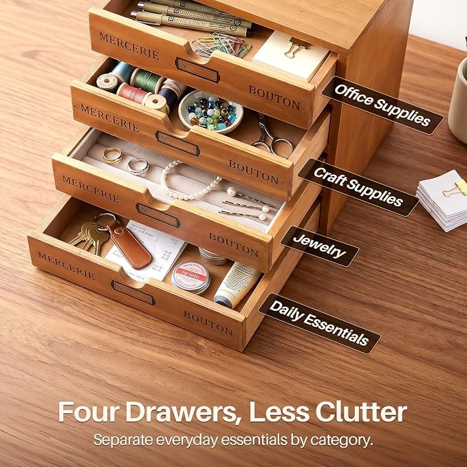 Flexzion Wood Desktop Organizer with Drawers, Desktop Storage Drawers Wood Cabinet, 4-Drawer Wooden Card Catalog Cabinet for Office, Crafts, Jewelry, Stationery, Vintage Brown