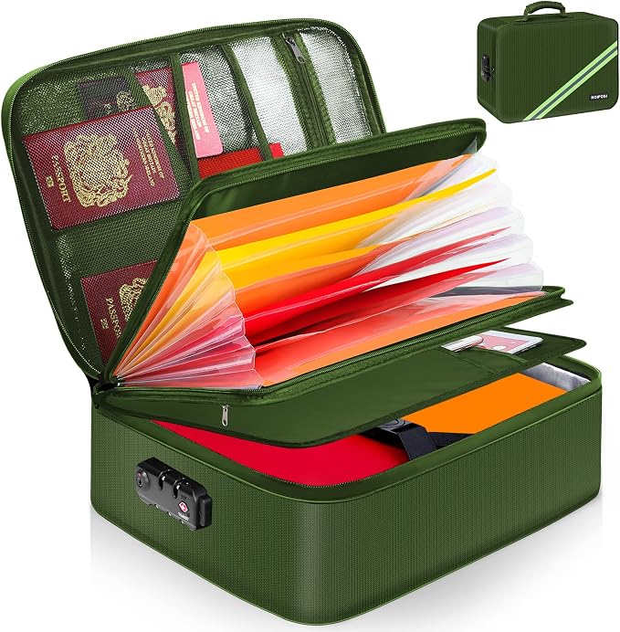 Noiposi Fireproof Document Box with Lock 5200℉ Water Resistant | Portable ,Home ,Travel Strong Document Storage Organizer with 7 pockets for Important Documents and File ,Green