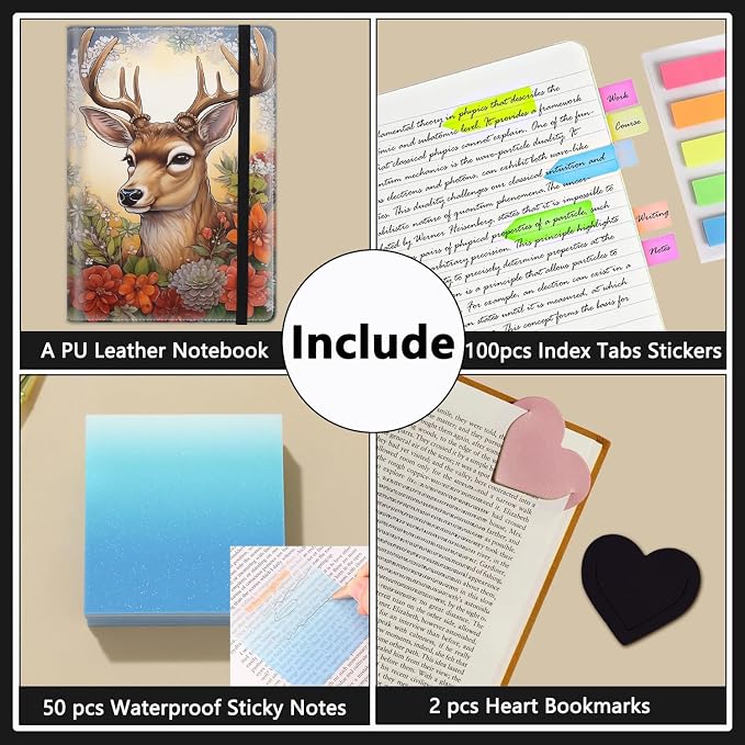 A5 Leather Lined Journal Notebook, 200 Pages Hardcover Executive Notebook for Men Women Office School Note Taking, Thick Writing Paper Daily Journal with Bookmarks/Indexes, Deer Red Flower