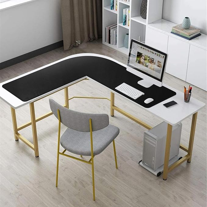 Vyaaa L Shaped Desk Pad 43 inch PU Leather Mouse Pad for Gaming,Working,Writing,Computer,Laptop,Table,Office and Home Non-Slip Corner Desk Mat- Black
