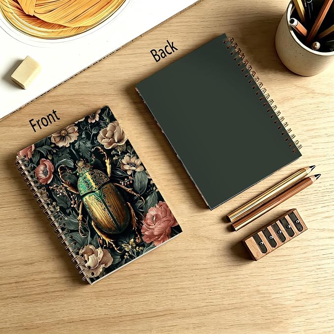 Vintage Floral Beetle Journal Notebook 5.5x8.3, William Morris Inspired Moody Beetle Insect Journal for Women, Dark Cottagecore Botanical Notebooks for Work
