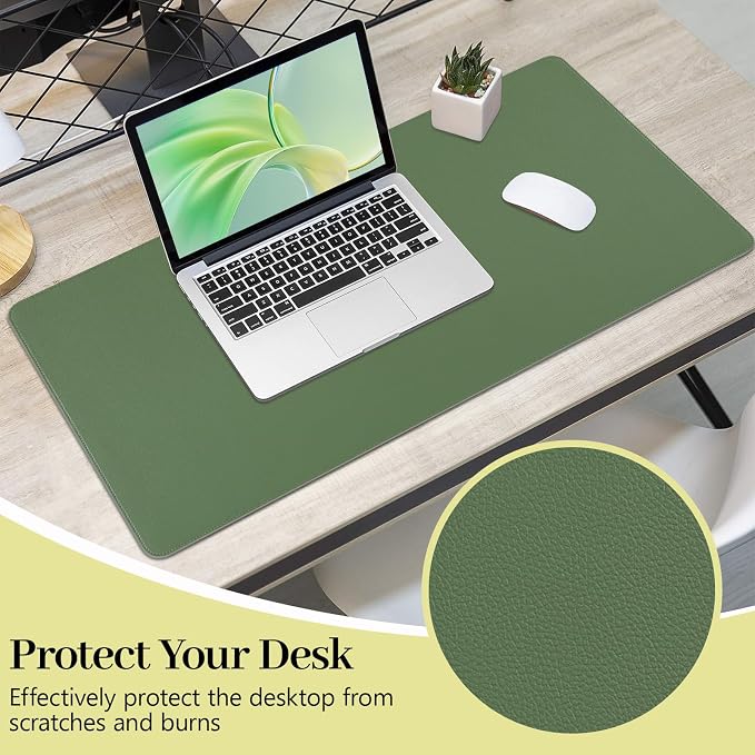 Olive Green Leather Desk Mat Large Mouse Pad, Waterproof Desk Pad for Keyboard and Mouse, Non-Slip Computer Desk Protector, Smooth Mouse Movement Desk Mat for Home and Office(31.5"×15.7")