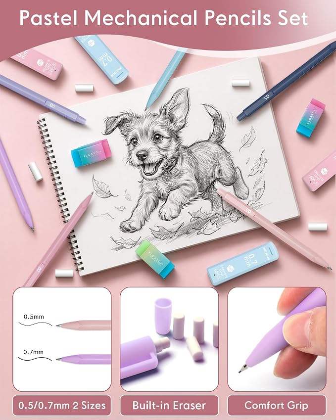 XKDOUS Preppy School Supplies Kit with Large Capacity Pencil Case, 6 Mechanical Pencils 0.5mm & 0.7mm with 240 Lead Refills, 6 Pastel Highlighters, 5 Gel Pens for Stationary College Essentials Gifts