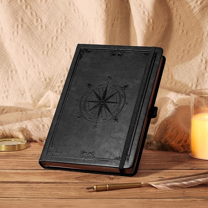 AHGXG Thick Lined Notebook, 320 Numbered Pages, A5 (5.75'' X 8.38'') | College Ruled Journal, Vintage Leather Hardcover, 100gsm Paper, for Men Women Work Office School (Black)